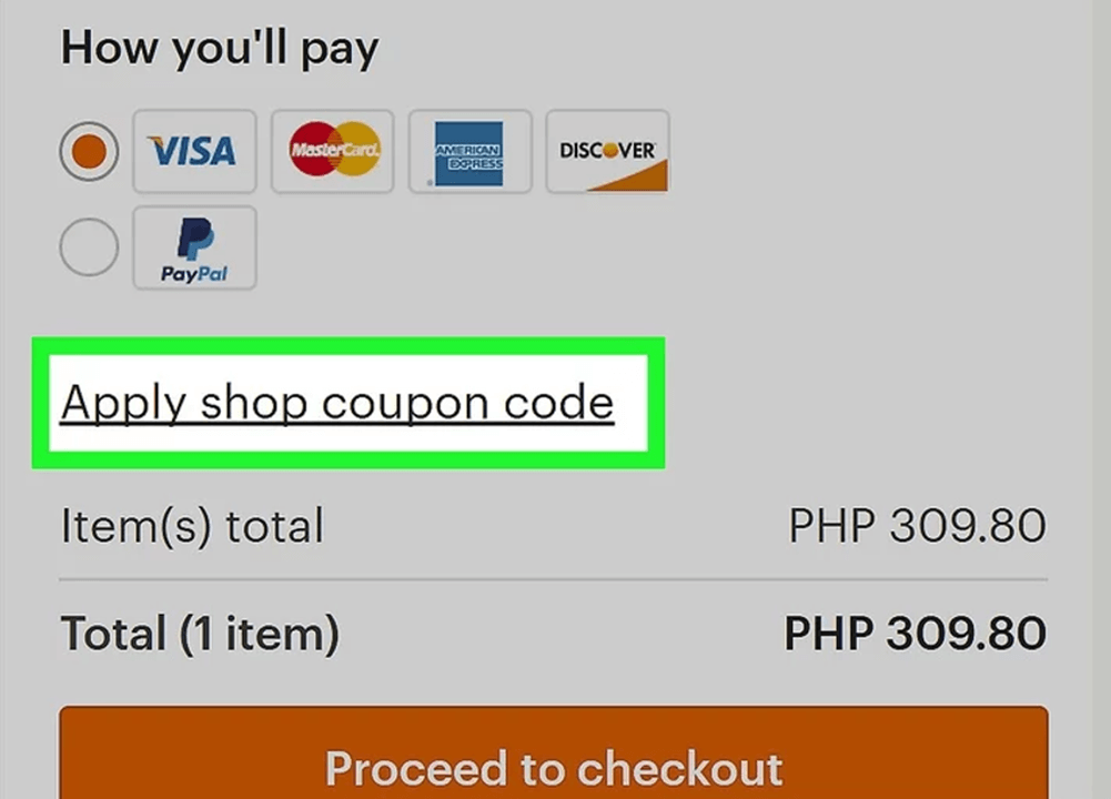 Check out section on Etsy with  309.80 total item cost. Apply shop coupon code link is emphasized with a yellow green boarder. 