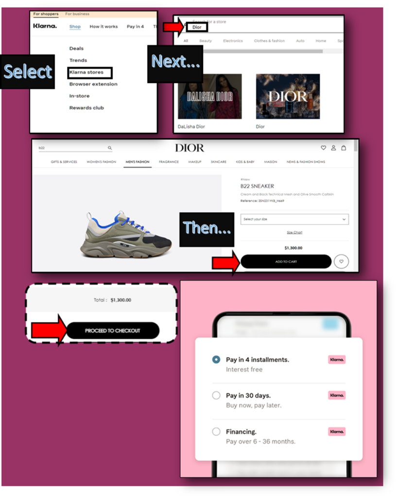 Steps on how to buy Dior B22 using Klarna pay in 4.