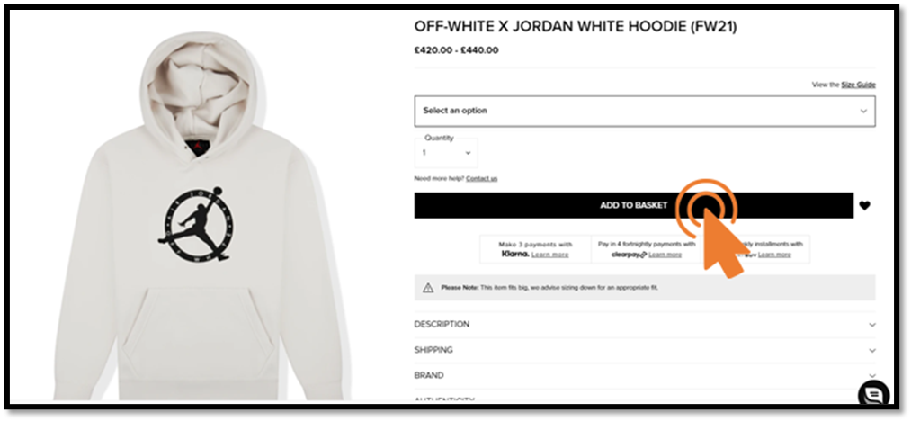 Steps on how to use Klarna in Off-white stores