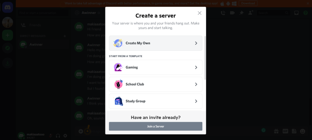 Create a Discord server first.