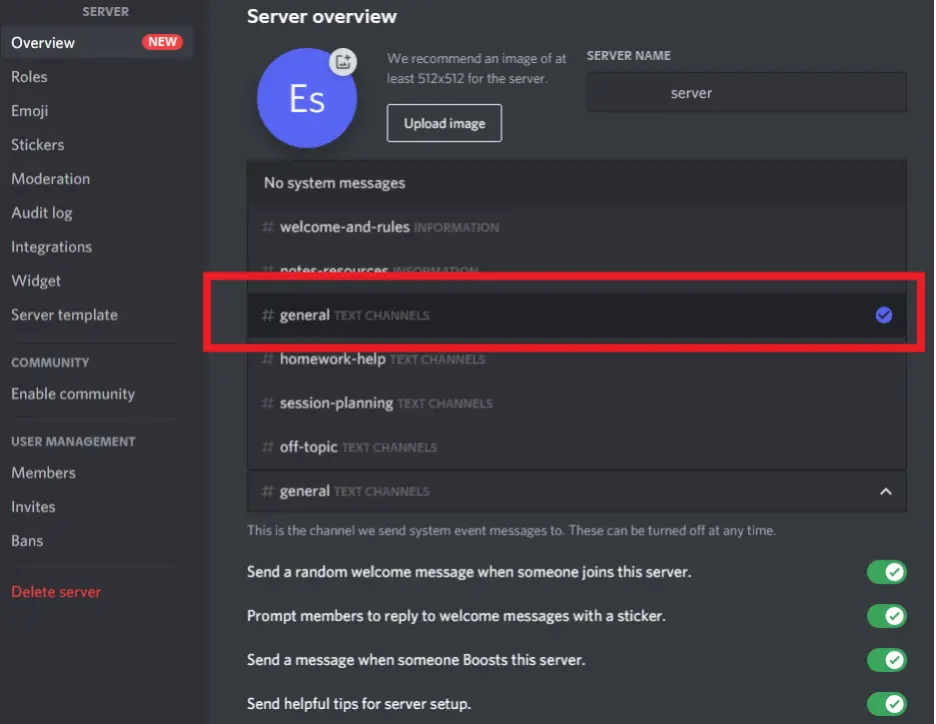 Discord Welcome Message Template (Step 6): Choose default message channel