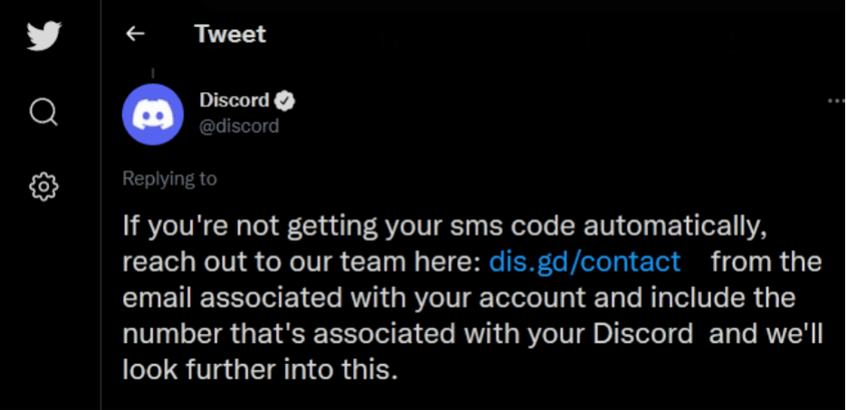 If you can’t receive Discord verification messages, you can contact Discord support or follow instructions in the tweet below.