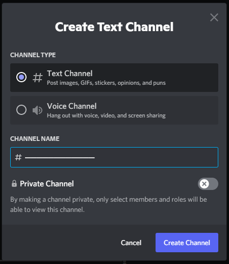 Create Channel Dialog