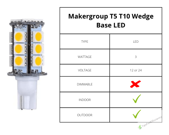 The Makergroup T5 T10 Wedge Base LED Light Bulbs 12VAC/DC is designed for landscape, automotive, and RV lighting which makes it one of the best B921Xf replacements.