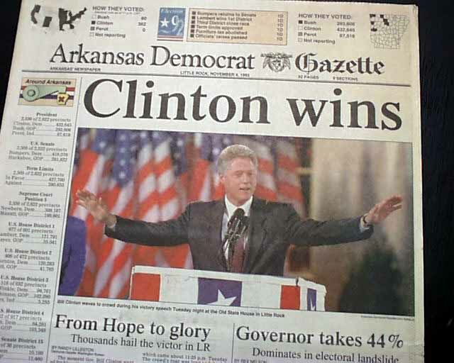 Bill Clinton Charisma in Leadership Journey - A newspaper stating Bill Clinton wins election, a sign of 