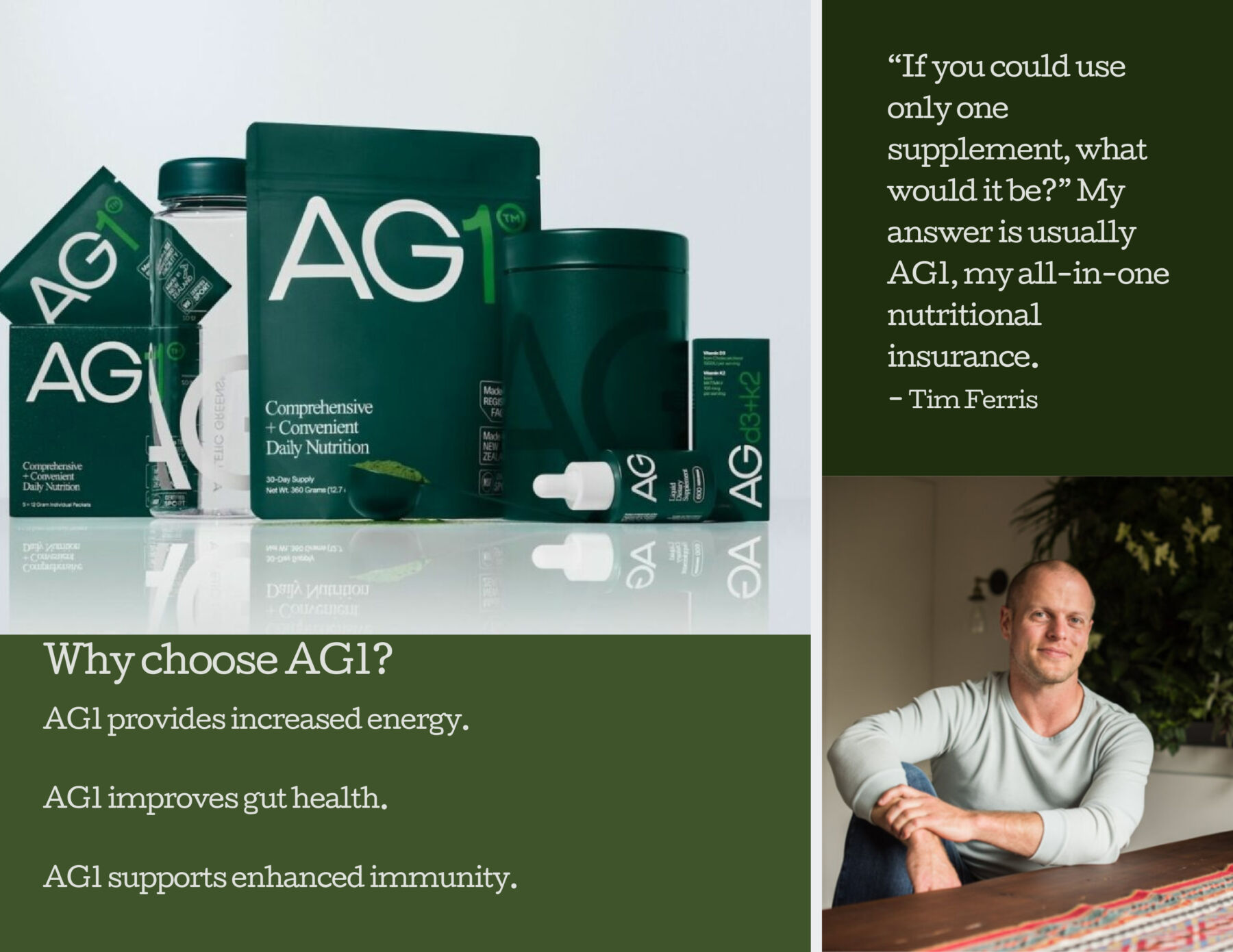 A collage of a Tim Ferris and AG1 products with reasons to choose AG1