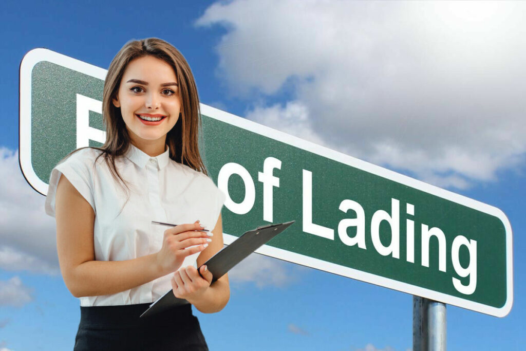 Woman standing in front of a bill of lading sign